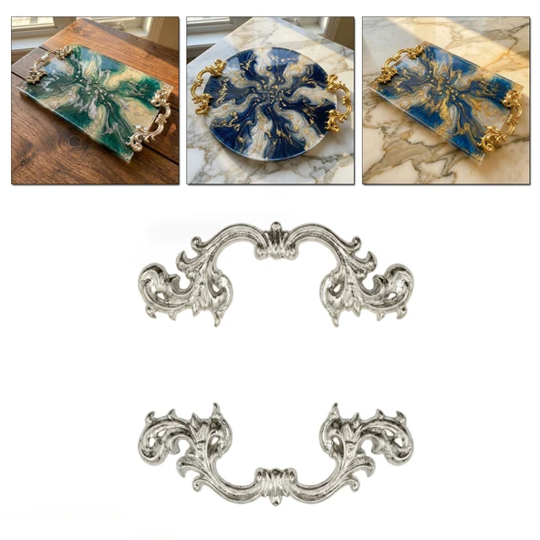 Barok Desenli Vintage Stil Lüks Tepsi ve Sunum Kulpu 9 CM (2 Adet)  Gümüş ürün görseli 1