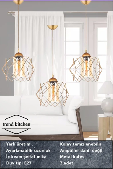 Trend Kitchen 3 Adet Trend Bal Mika Camlı Golden Salon Mutfak Banyo Yatak Odası Çocuk Odası Antre Sarkıt Avize ürün görseli 1