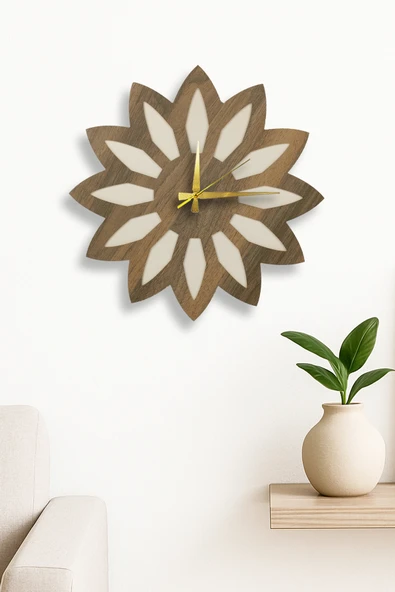 Trend Kitchen Noctaflora Modern Çiçek Formlu Dekoratif Ahşap Duvar Saati ürün görseli 1