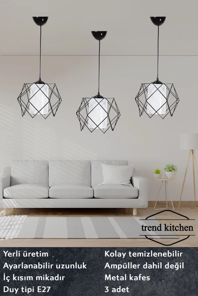 Trend Kitchen 3 Adet Silvano Beyaz Camlı Modern Sarkıt Avize ürün görseli 1
