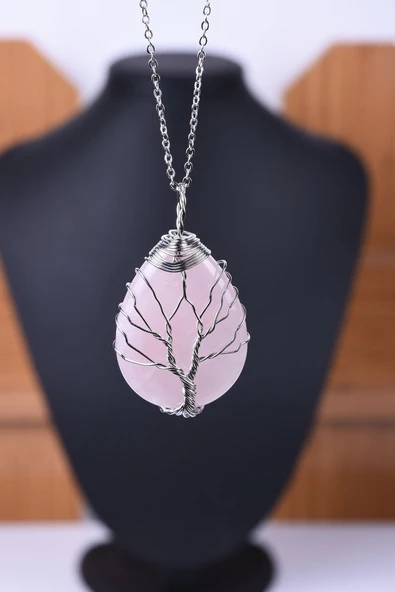 Kadın Pembe Kuvars Doğal Taş Tel Sarmalı Damla Kolye ürün görseli 1