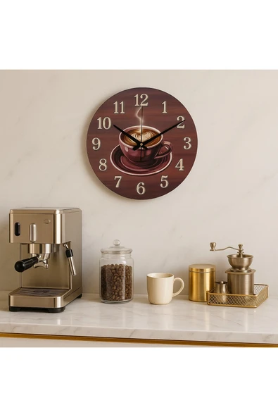 Trend Kitchen Time Of Coffee Modern Dekoratif Sessiz Mekanizmalı Mutfak-Cafe Ahşap Duvar Saati ürün görseli 1