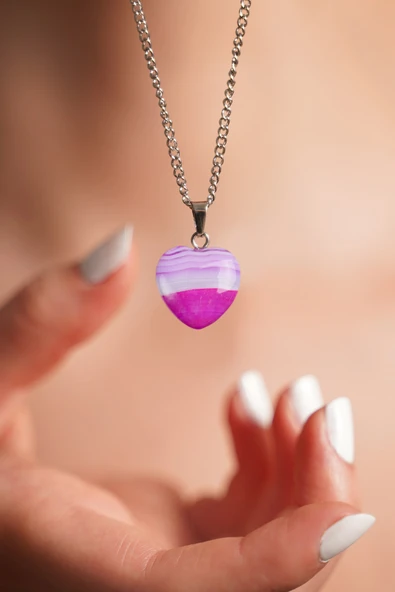Damarlı Pembe Akik Doğal Taş Kalpli Kolye Tky0263 ürün görseli 1