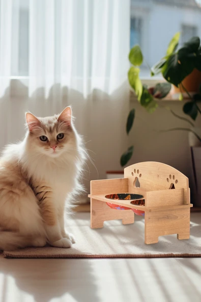 Trend Kitchen PawLovy Sevimli ve Ergonomik Ahşap Yükseltilmiş Mama Standı (Taslar Ürüne dahildir.) ürün görseli 1