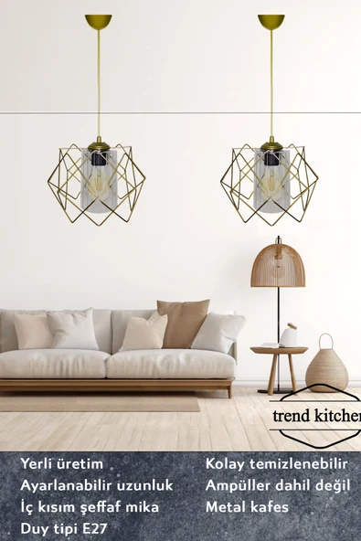 Trend Kitchen 2 Adet Golden Tasarım Mutfak, Koridor, Salon, Oturma Odası  Sarkıt Şeffaf Mika Camlı Sarkıt Avize ürün görseli 1