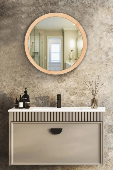 Trend Kitchen Lunava Ahşap Çerçeveli Dekoratif Yuvarlak Hol Koridor Salon Banyo Duvar Ve Makyaj Aynası (50cm ) ürün görseli 1