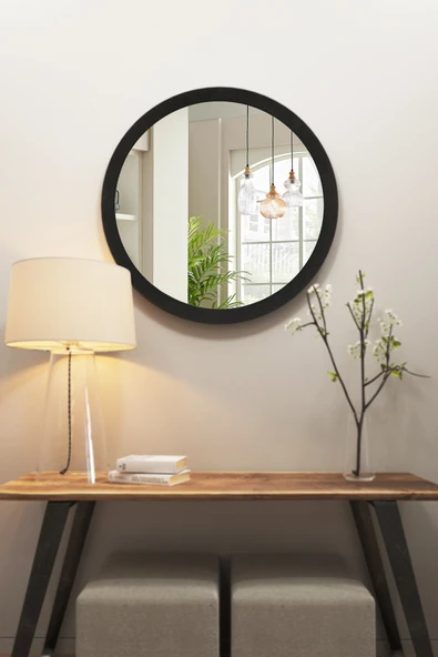 Trend Kitchen Lunava Ahşap Çerçeveli Dekoratif Yuvarlak Hol Koridor Salon Banyo Duvar Ve Makyaj Aynası (50cm ) ürün görseli 1