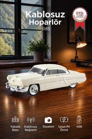 Bluetooth Hoparlör Retro Klasik Araba Tasarımlı 10W FM USB Speaker D85 Bej ürün görseli 1