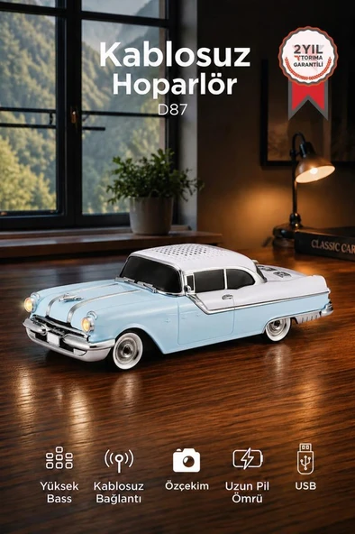 Bluetooth Hoparlör Retro Klasik Araba Tasarımlı 10W FM USB Speaker D87 Mavi ürün görseli 1