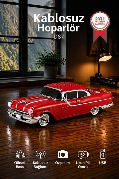 Bluetooth Hoparlör Retro Klasik Araba Tasarımlı 10W FM USB Speaker D87 Kırmızı ürün görseli 1