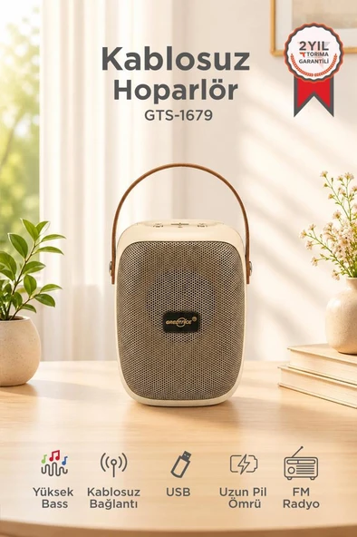 Bluetooth Hoparlör Rgb Işıklı FM Radyo Kablosuz Taşınabilir Speaker GTS-1679 Bej ürün görseli 1