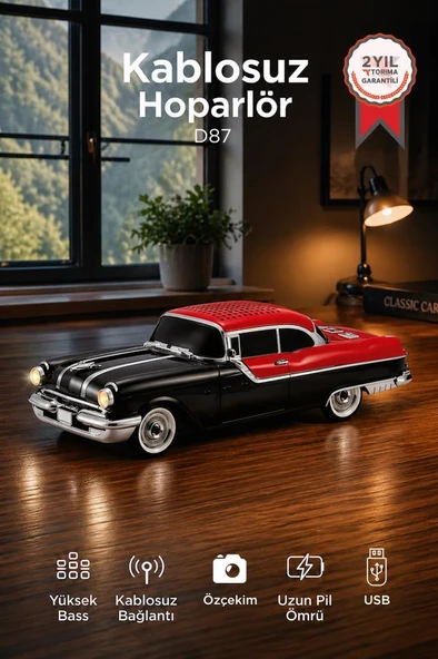Bluetooth Hoparlör Retro Klasik Araba Tasarımlı 10W FM USB Selfie Speaker D87 Siyah ürün görseli 1