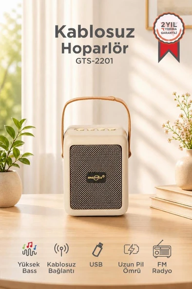 Bluetooth Speaker Kablosuz Hoparlör  USB Girişli Şarjlı Hoparlör GTS-2201 Bej ürün görseli 1