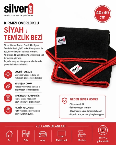 Silver Home Kırmızı Overloklu Siyah Temizlik Bezi 40x40 cm ürün görseli 1