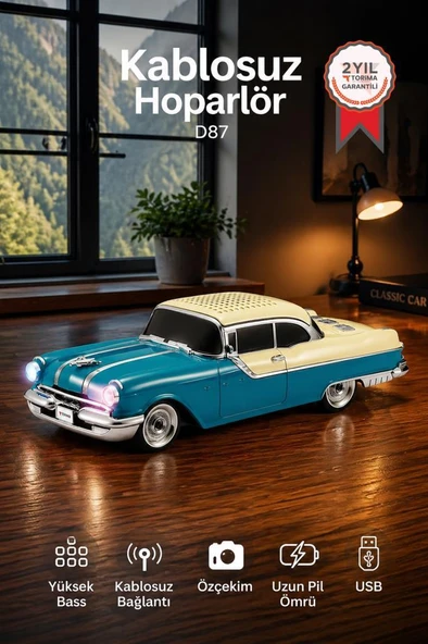 Bluetooth Hoparlör Retro Klasik Araba Tasarımlı 10W FM USB Selfie Speaker D87 Yeşil ürün görseli 1