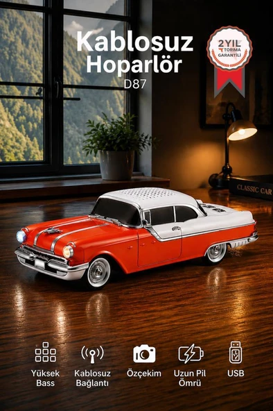Bluetooth Hoparlör Retro Klasik Araba Tasarımlı 10W FM USB Selfie Speaker D87 Turuncu ürün görseli 1