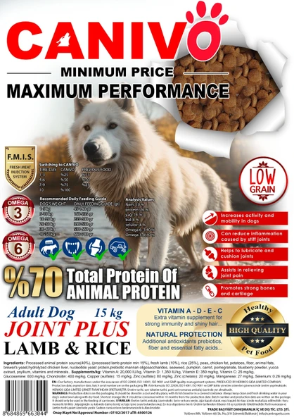 Canivo Joint Plus Eklem Destekleyicili Kuzulu Köpek Maması 15 KG ürün görseli 1