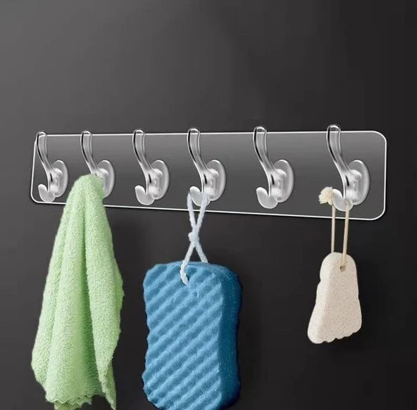 6'li Kendinden Yapışkanlı Güçlü Şeffaf Askılık - Kapı Arkası Mutfak Duvar Banyo Askı ürün görseli 1