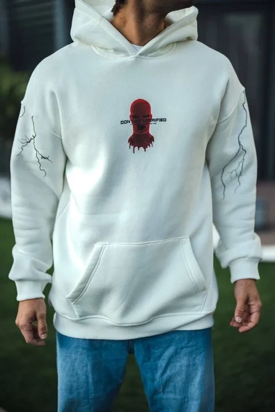 Üç İplik Kapüşonlu Baskılı Oversize SweatShirt- Beyaz 8381597 ürün görseli 1