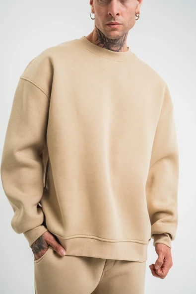 Uzun Kol Bisiklet Yaka Basic SweatShirt - Bej - Resim 7