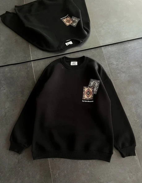 Kadın Bisiklet Yaka Baskılı SweatShirt - Siyah ürün görseli 1