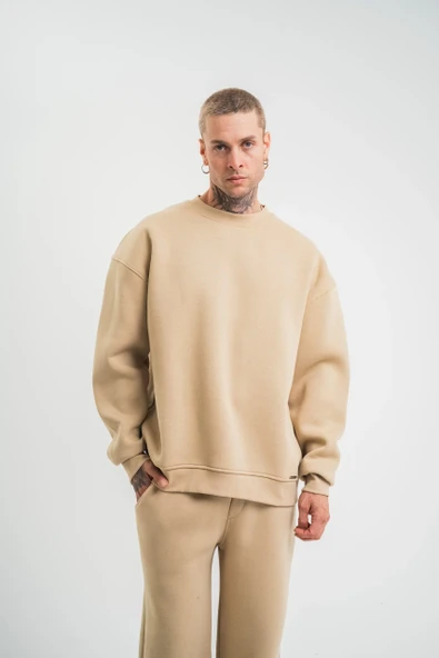Uzun Kol Bisiklet Yaka Basic SweatShirt - Bej - Resim 5