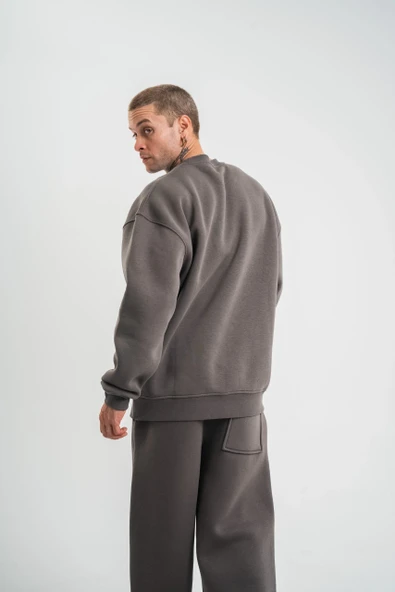 Uzun Kol Bisiklet Yaka Basic SweatShirt - Füme - Resim 6