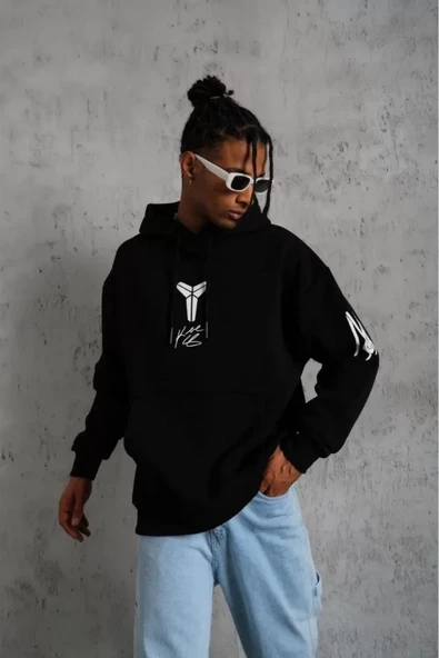 ERKEK Sırt Baskılı Kapüşonlu Üç İplik Oversize Sweatshirt - Siyah 8381451 ürün görseli 1