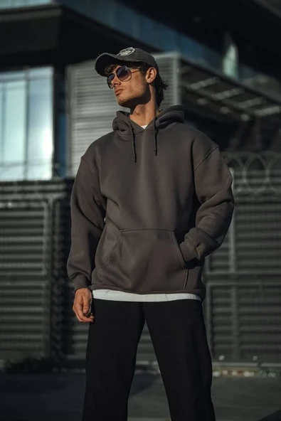 Üç İplik Penye Kapşonlu Basic SweatShirt - Füme - Resim 3