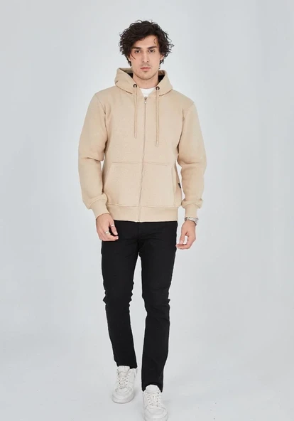 ERKEK Tam Fermuarlı Kapşonlu  SweatShirt - Bej ürün görseli 1