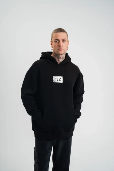 ERKEK Kapşonlu Uzun Kol Patchli Nakışlı SweatShirt - Siyah ürün görseli 1