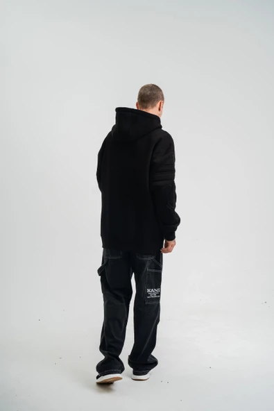 Double Oversize Kapşonlu Nakışlı SweatShirt - Siyah - Resim 8