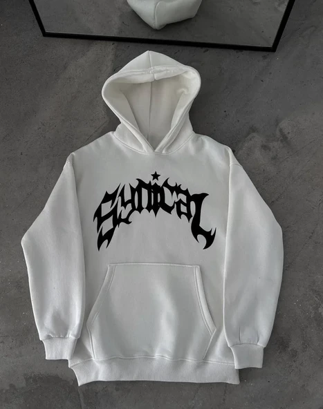 Kışlık Kapüşonlu Baskılı Oversize SweatShirt- Beyaz - Resim 2
