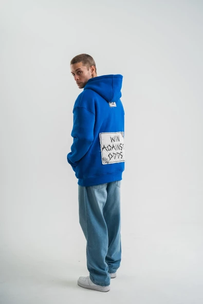 ERKEK Kapşonlu Uzun Kol Patchli Nakışlı SweatShirt - Mavi ürün görseli 1