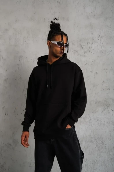 3 İplik Kapşonlu Sweatshirt - Siyah - Resim 2