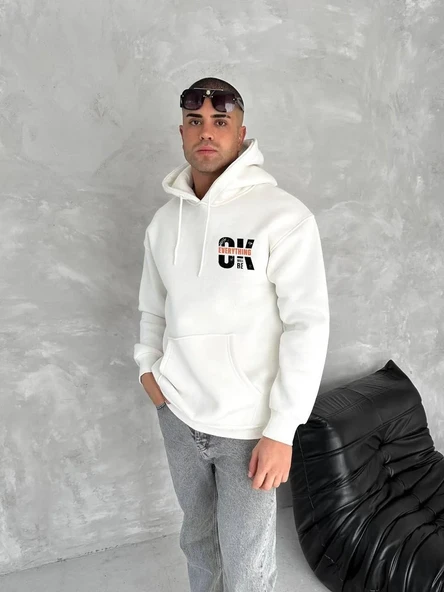 Oversize Üç İplik Kapüşonlu SweatShirt - Beyaz ürün görseli 1