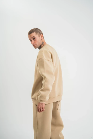 Uzun Kol Bisiklet Yaka Basic SweatShirt - Bej - Resim 3