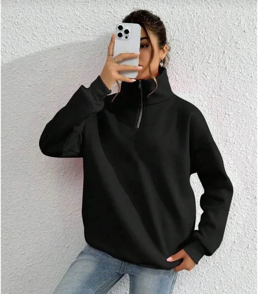 kadın Uzun Kol Yarım Farmuarlı Yakalı Basic SweatShirt - Siyah ürün görseli 1
