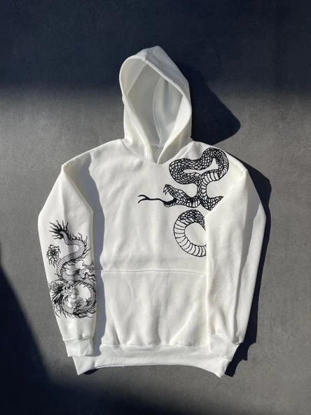 Uzun Kol Kapüşonlu Baskılı SweatShirt - Beyaz 8381617 ürün görseli 1