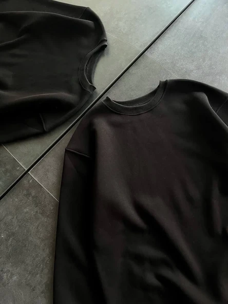 Kışlık Bisiklet Yaka Üç İplik Basic SweatShirt - Siyah 8381584 - Resim 3