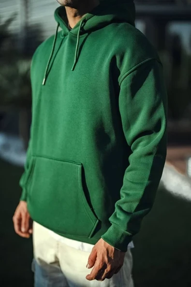 Üç İplik Penye Kapşonlu Basic SweatShirt - Haki - Resim 3