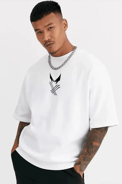 ERKEK Bisiklet Yaka Baskılı Oversize T-Shirt - Beyaz 8381372 ürün görseli 1