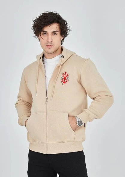 ERKEK Baskılı Tam Fermuarlı Kapşonlu SweatShirt - Bej ürün görseli 1