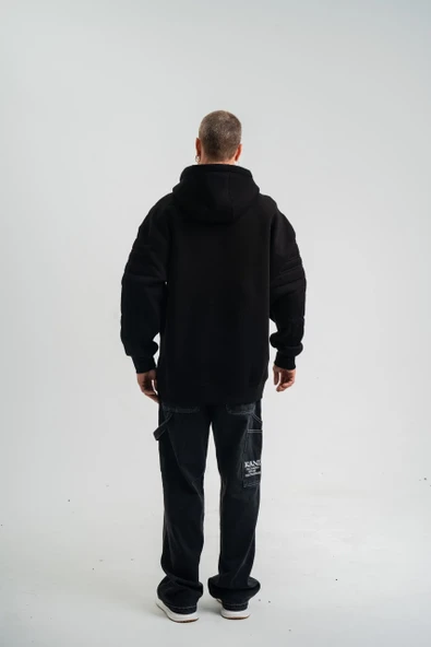 Double Oversize Kapşonlu Nakışlı SweatShirt - Siyah - Resim 7