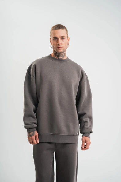 Uzun Kol Bisiklet Yaka Basic SweatShirt - Füme - Resim 5