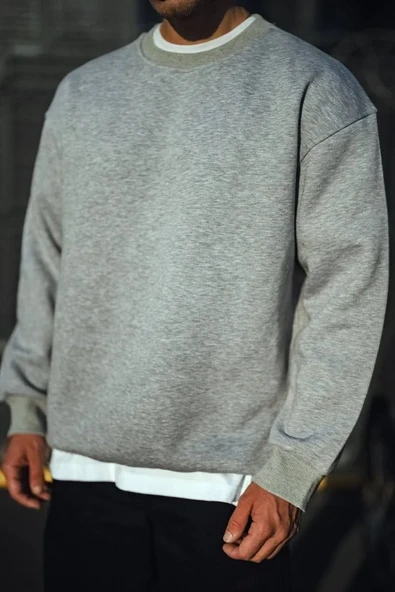 Kışlık Bisiklet Yaka Üç İplik Basic SweatShirt - Gri 8381542 ürün görseli 1