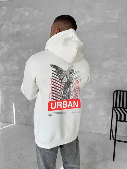 Oversize Üç İplik Kapüşonlu SweatShirt - Beyaz - Resim 2
