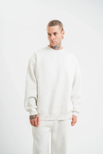 ERKEK Uzun Kol Bisiklet Yaka Yıkamalı SweatShirt - Beyaz ürün görseli 1