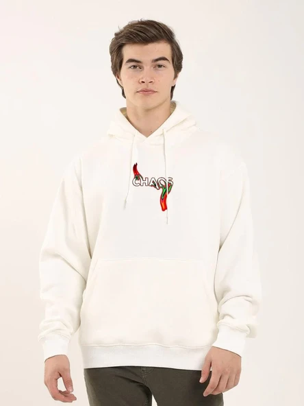 ERKEK Baskılı Oversize Üç İplik Kapüşonlu Sweatshirt - Beyaz ürün görseli 1