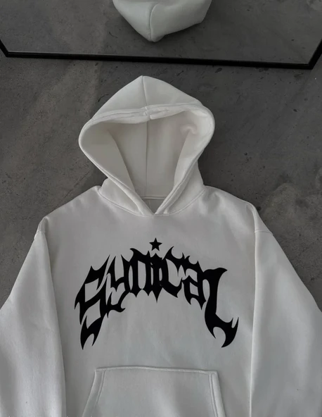 Üç İplik Kapüşonlu Baskılı Oversize SweatShirt- Beyaz 8381605 ürün görseli 1